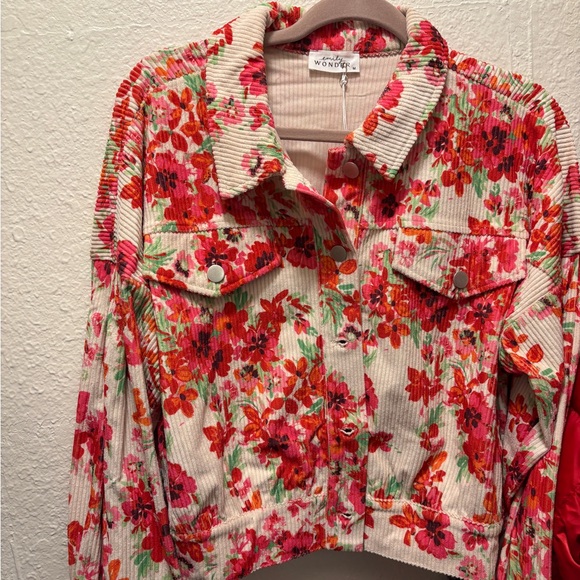 Emily Wonder Jackets & Blazers - Women's Floral Corduroy Jacket - Pink and Red